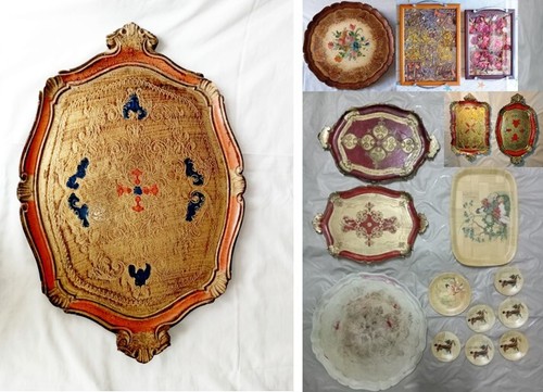 VASSOIO OVALE IN LEGNO LACCATO E DECORATO cm 50  x 34. usato ben conservato - Foto 1 di 24