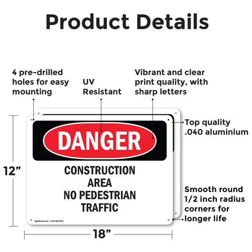 (2 Pack) Construction Area No Pedestrian Traffic OSHA Danger Sign Decal Metal - Bild 2 von 22