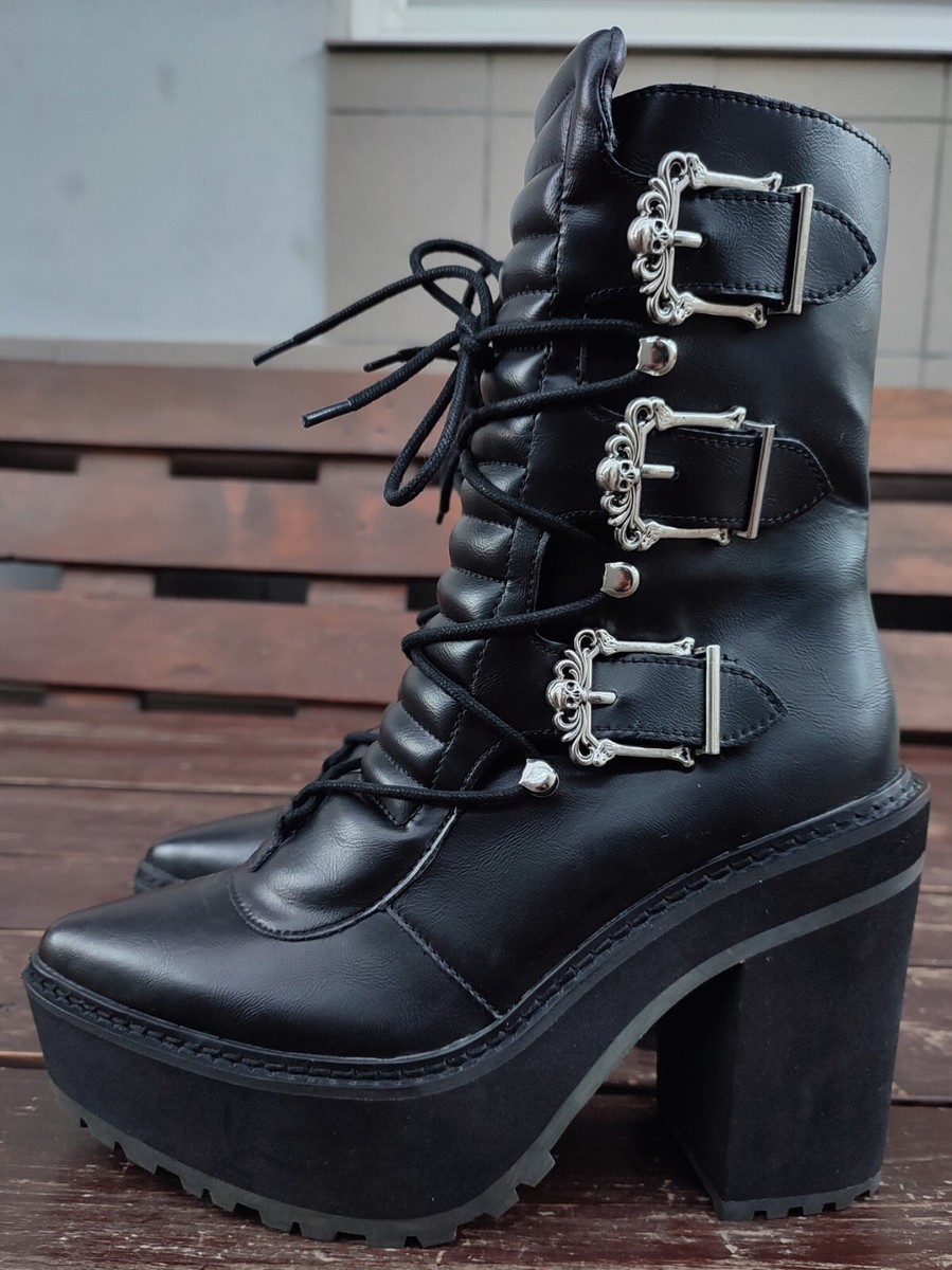Killstar Gothic Black Platform Ankle Boots Skull Buckle US 8
