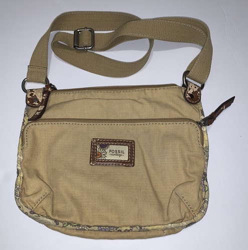 Vintage Fossil Y2k Purse Bag Tan Canvas Pockets Key Charm Colorful Lined - Picture 2 of 10