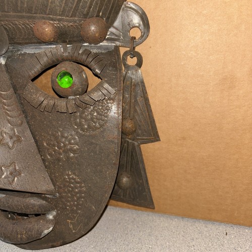 Vintage Mexican Metal/Tin Mask Wall Art Copper Tones Glass Eyes Mid Century - Picture 9 of 22