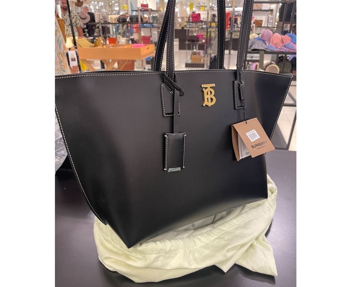 Burberry TB Medium Leather Tote Bag Top Handle Black Gold