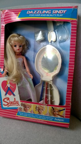 Vintage schillernde Sindy Puppe mit Box & meistem Zubehör Make-up Kleid Rollen