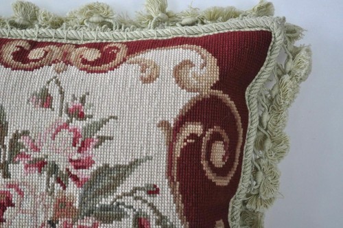 Wool Needlepoint Throw Pillow Cover Urn Flowers Roses Red Cushion 16x16 Handmade - Picture 3 of 8