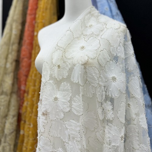3D Texture Mesh Flowers Beaded Sequin Wedding Dress Lace Embroidery Fabric - Picture 13 of 22