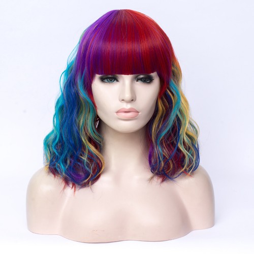 Lady Fashion 16" Curly Hair Wigs Bangs Medium Hair Wig with Breathable Wig Cap - Picture 2 of 7
