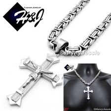 20"MEN Stainless Steel 9mm Silver Byzantine Box Chain Necklace Cross Pendant J28