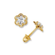 14K Yellow  White Gold Minimal CZ Flower Screw Back Studs Earrings for Women