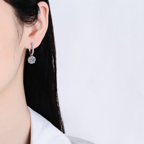 3CT Moissanite Halo Dangle/Drop Huggie Stud Earrings Gold Plated in Silver - Picture 4 of 5