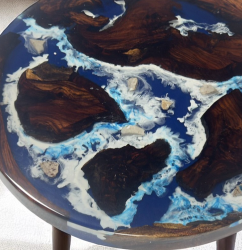 Mesa de centro redonda de resina epoxi de onda azul de 24" decoración de pasillo de madera de acacia natural - Imagen 5 de 10
