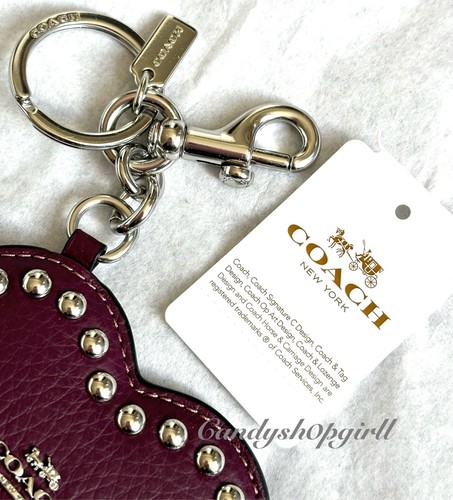 NEW COACH Pebbled Leather Heart Pouch W/Rivets Key Ring Bag Charm DEEP BERRY - Picture 4 of 4