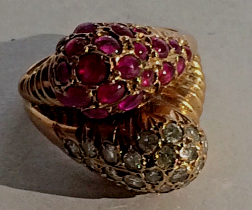 14CT ROSE GOLD DIAMOND & RUBY DOUBLE HEAD SNAKE RING. SIZE K.1/2 7.89 GRAMS. LOT - Picture 2 of 6