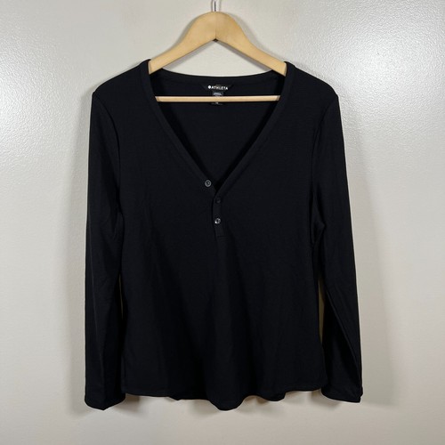 Athleta Wind Daunen Schlaf Top Gr. XL schwarz Waffelstrick Henley Lounge bequem