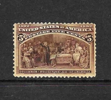 US Scott #234 MH OG, 5-cent Columbian Exposition 1893, Fine w/thins, hinge rems