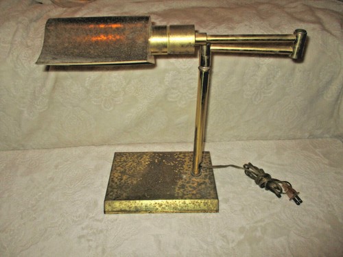 Vintage~Brass Color Desk Lamp~Weighted Retangle Base~Extending Arm~Pitted~1960's - Picture 1 of 12