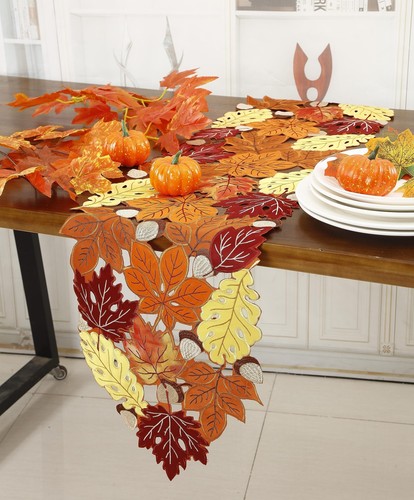 Fall Thanksgiving Table Runner Orange Maple Leaves Harvest Autumn Holiday Par... - Picture 8 of 8