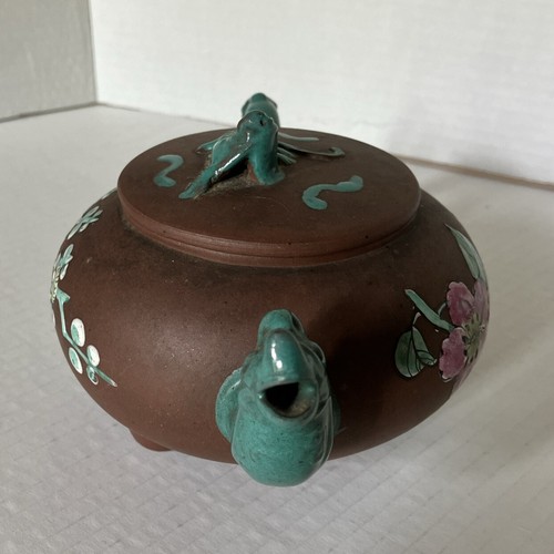 Antique Yixing Zisha Clay Dragon Teapot With Colorful Glaze Of Flowers See Pics - Picture 7 of 21