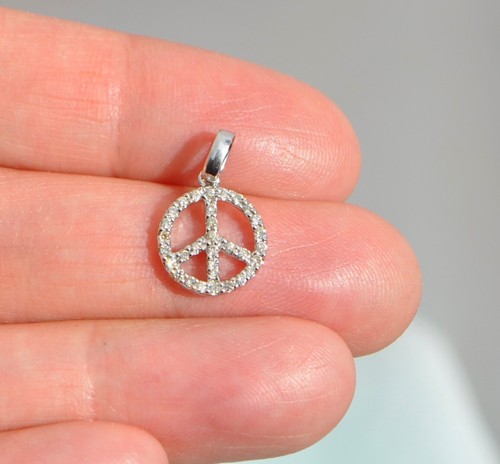 14k Solid Gold Natural Diamond Peace Pendant - Pave Small White Gold - Picture 2 of 6