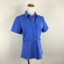 FIGS Womens sz XS Blue Zip Pockets Short Sleeve Hidden Button Scrubs Shirt Top