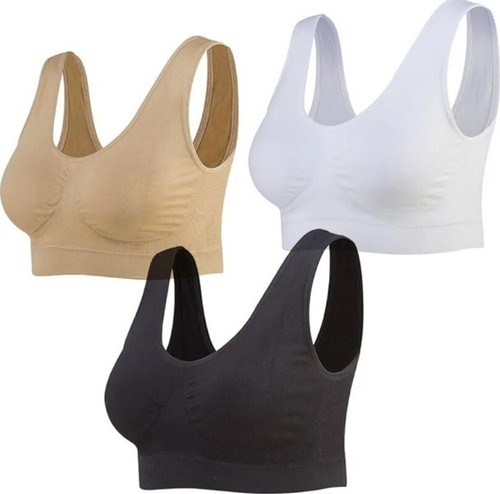 3 Pack Seamless Sports Bras Crop Vest Wirefree Comfort Stretch Removable Pad Bra - Picture 5 of 17