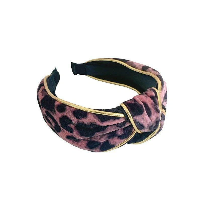 Tela de piel de leopardo anudada retro de moda con diadema ancha con ribete dorado-rosa Foto 2 de 4