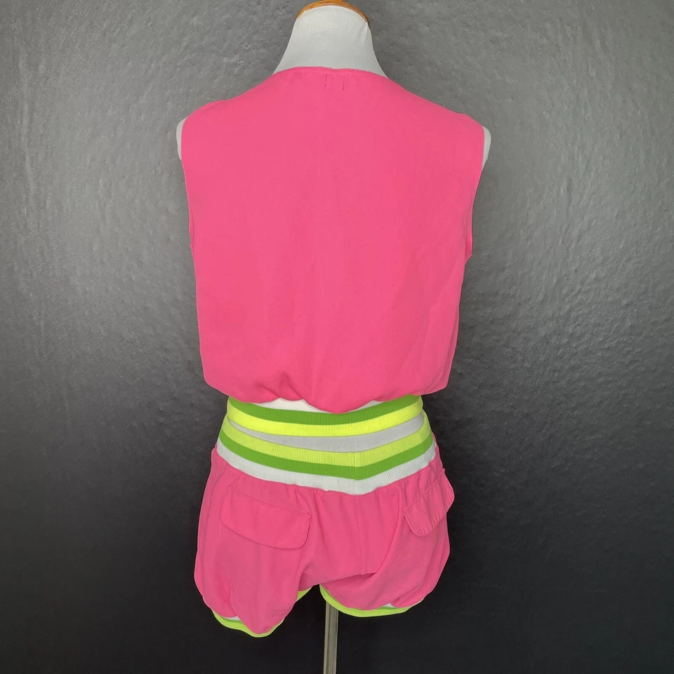 Mujer Y2k Conjunto Corto 2 Piezas Mediano Rosa Neón Acanalado Sin Mangas Top Plisado Foto 4 de 4