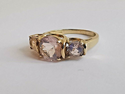 LIGHT PINK KUNZITE THREE-STONE GOLD RING round cut gemstones 9ct 375 yellow - Picture 8 of 12