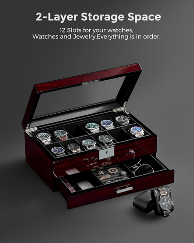ANWBROAD 12 Ranuras Estuches de Reloj para Hombre Caja de Reloj con Tapa Grande Joyero con W - Imagen 7 de 12