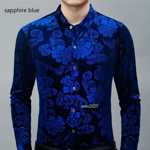 Men Velvet Shirt Floral Blouse Tops Formal Printed Flower Pleuche Casual Tops - Picture 13 of 29