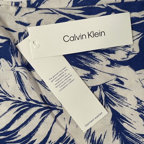Calvin Klein Blue Ivory Sleeveless Button Up Linen Blend Tropical Top Sz XL NWT - Picture 4 of 9