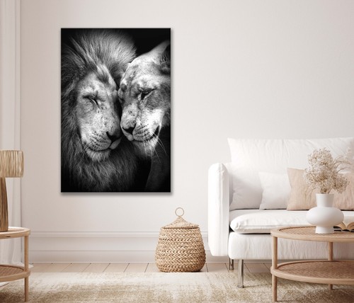 Black & White Lion & Lioness, Together Canvas Unframed or Poster Print Wall Art - Bild 2 von 3