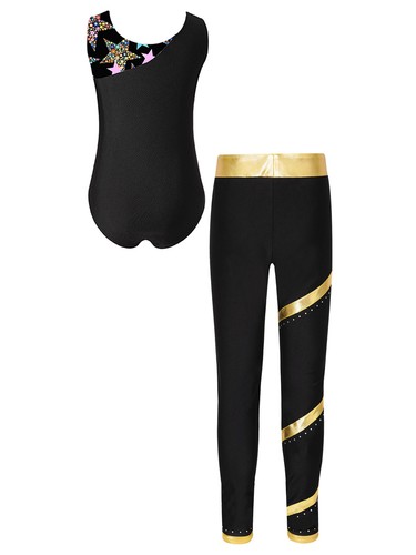 Kids Girls Set Skating Outfit Striped Leotard Training Pants Stage Dancewear - Picture 43 of 60