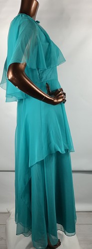 vintage kati 70s jade blue green chiffon cape wing sleeve tiered maxi dress s - Picture 2 of 11