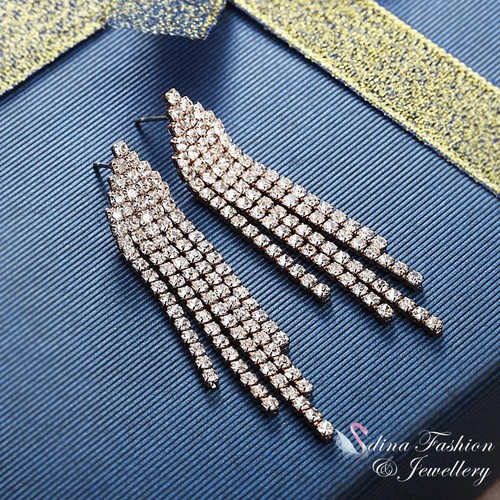 18K Rose Gold Plated Full Cubic Zirconia Luxury Sparkling Tassel Earrings - Picture 5 of 5