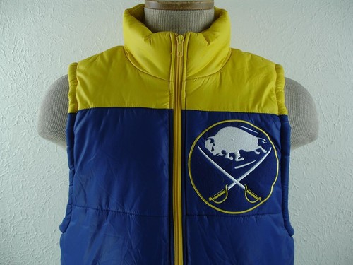 Men's S Mitchell & Ness Vintage NHL Hockey Buffalo Sabres Blue Bubble Vest Zip - Picture 2 of 20