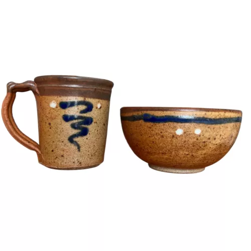 Signed Studio Pottery Mug and Bowl Set For 1
