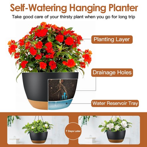 4pcs Hanging Planter Self-Watering Indoor Outdoor Plants Pots w/ Removable Tray - Picture 10 of 13