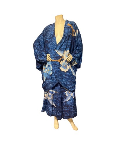 VTG Hand Painted Silk 2piece Cocoon Bat Wing Jacket, Skirt, Scarf 3X Blue Floral - Picture 10 of 13