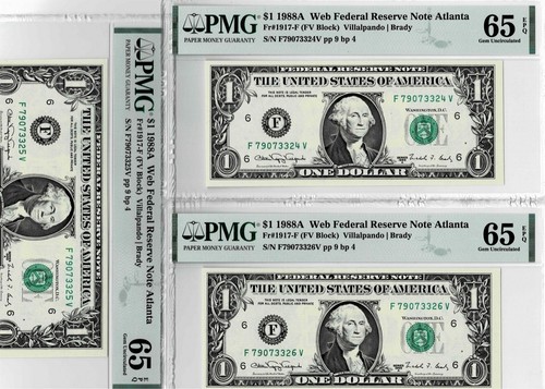1988A $1 Web Federal Reserve Notes Fr#1917-F (3 consecutive notes)Gem Unc 65 EPQ - Picture 2 of 7