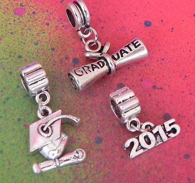 Graduation Charms 2015 Class of 15 Number Silver Diploma European Bead Set of 3