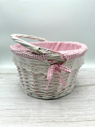 Cesta tejida sauce redonda blanca forro de guinga rosa con mango plegable desplegable - Imagen 3 de 12