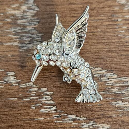 Vintage Encrusted Clear Rhinestones Blue Eyed Silver Tone Hummingbird Brooch Pin