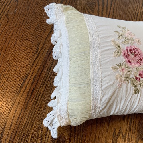 Vintage Cross Stitched Home Sweet Home Tulle Ruffle Pillow Shabby Chic - Picture 4 of 9