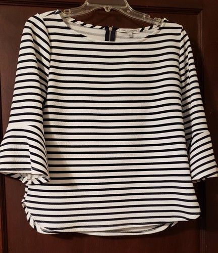 Green Envelope Women's Top L B/W Stripes 3/4 Sleeve w/Flare Boat Neck w/Zipper - Picture 1 of 6