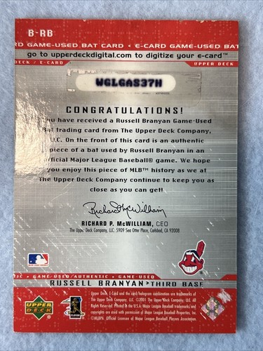 Russell Branyan 2001 Upper Deck Evolution E-Card Game Used Bat B-RB Indians - Picture 2 of 6