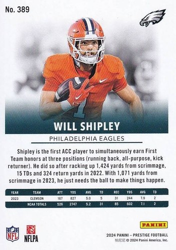 2024 Panini Prestige - Rookies #389 Will Shipley (RC) - Eagles - Picture 2 of 2