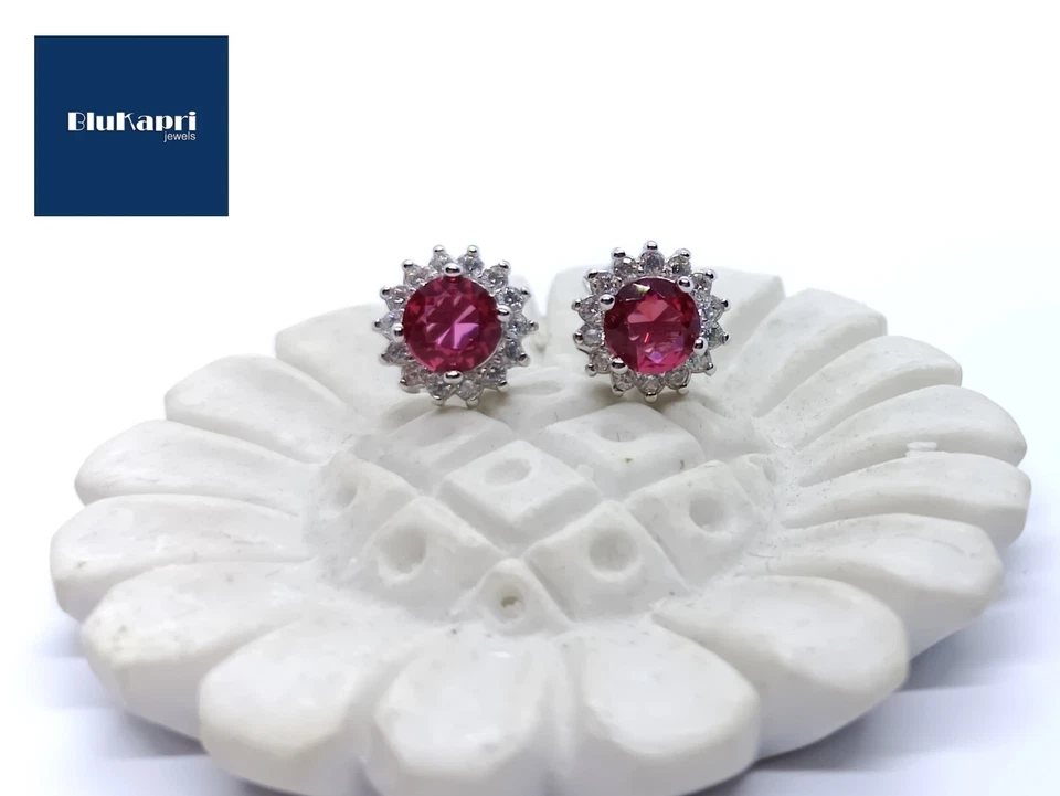 Orecchini ROTONDI  rosso rubino Gioielli Donna in Argento 925 rodiato Oro Bianco - Immagine 4 di 4