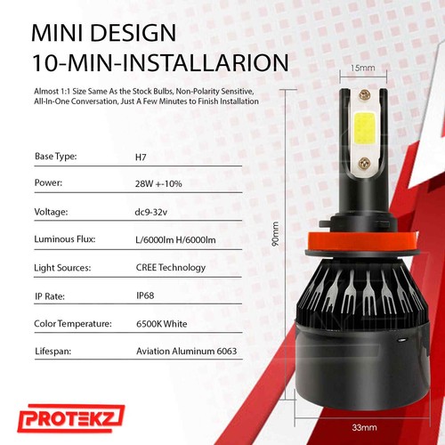 LED Headlight Kit Protekz H11 6000K 1200W 120000LM COB Bulbs Chip Free Return - Picture 4 of 12