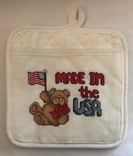 Finished Cross Stitch Made In USA Bear Pot Holder Independence Day - Afbeelding 1 van 3