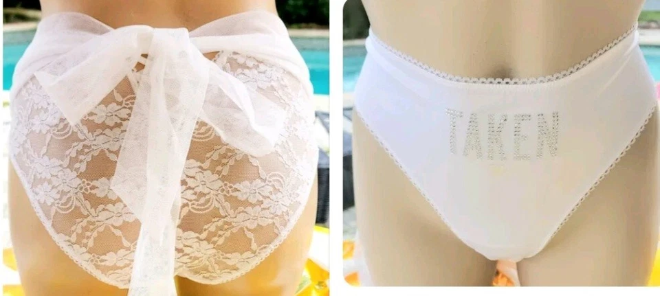 Victorias secret L Rare Vintage Satin bridal white Bow taken rhinestone Brief - Image 2 of 4